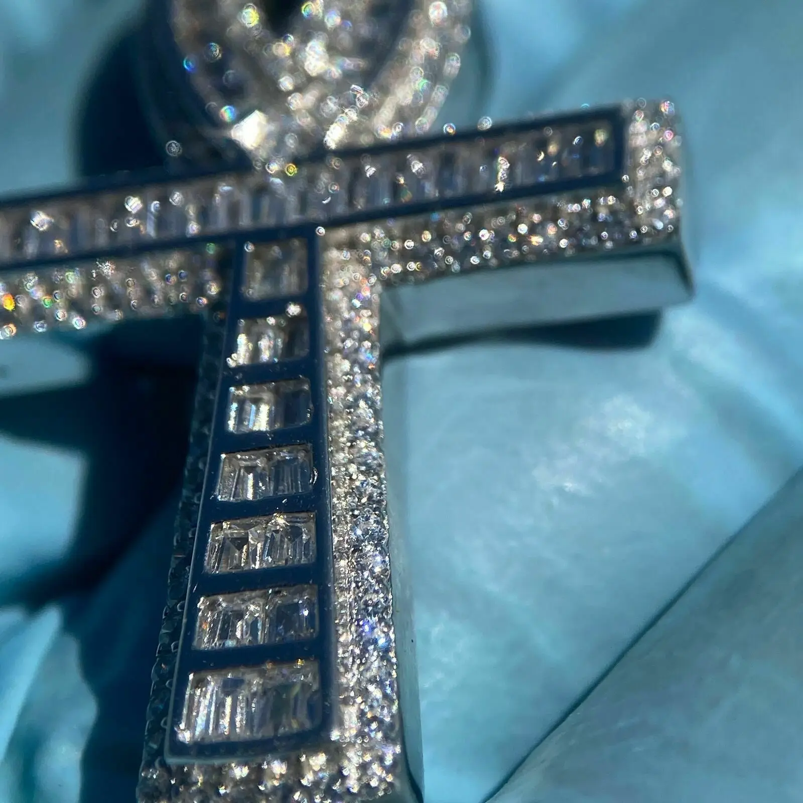 925 Silver Round and Baguette Cut VVS1 Moissanite Diamond Egyptian Ankh Cross Charm Pendant