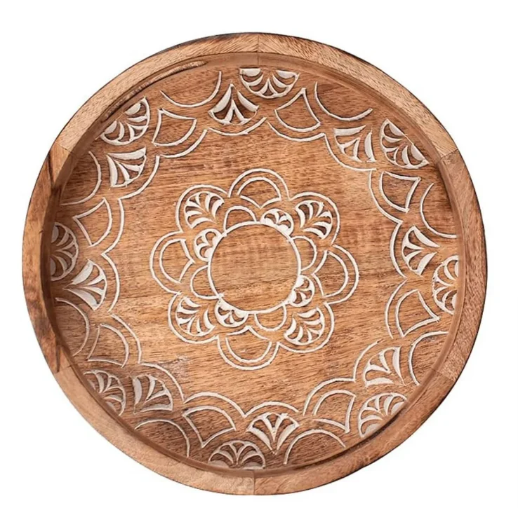 Factory Sale Ramadan Eid Gift Round Acacia Wood Mop Inlay Chocolate Serving Tray Mother of Pearl Dessert Serving Tray