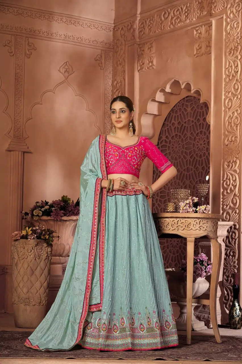 Latest Designer Chinon Silk Zari Embroidery Work Semi Stitched Gorgeous and pretty look Lehenga Choli