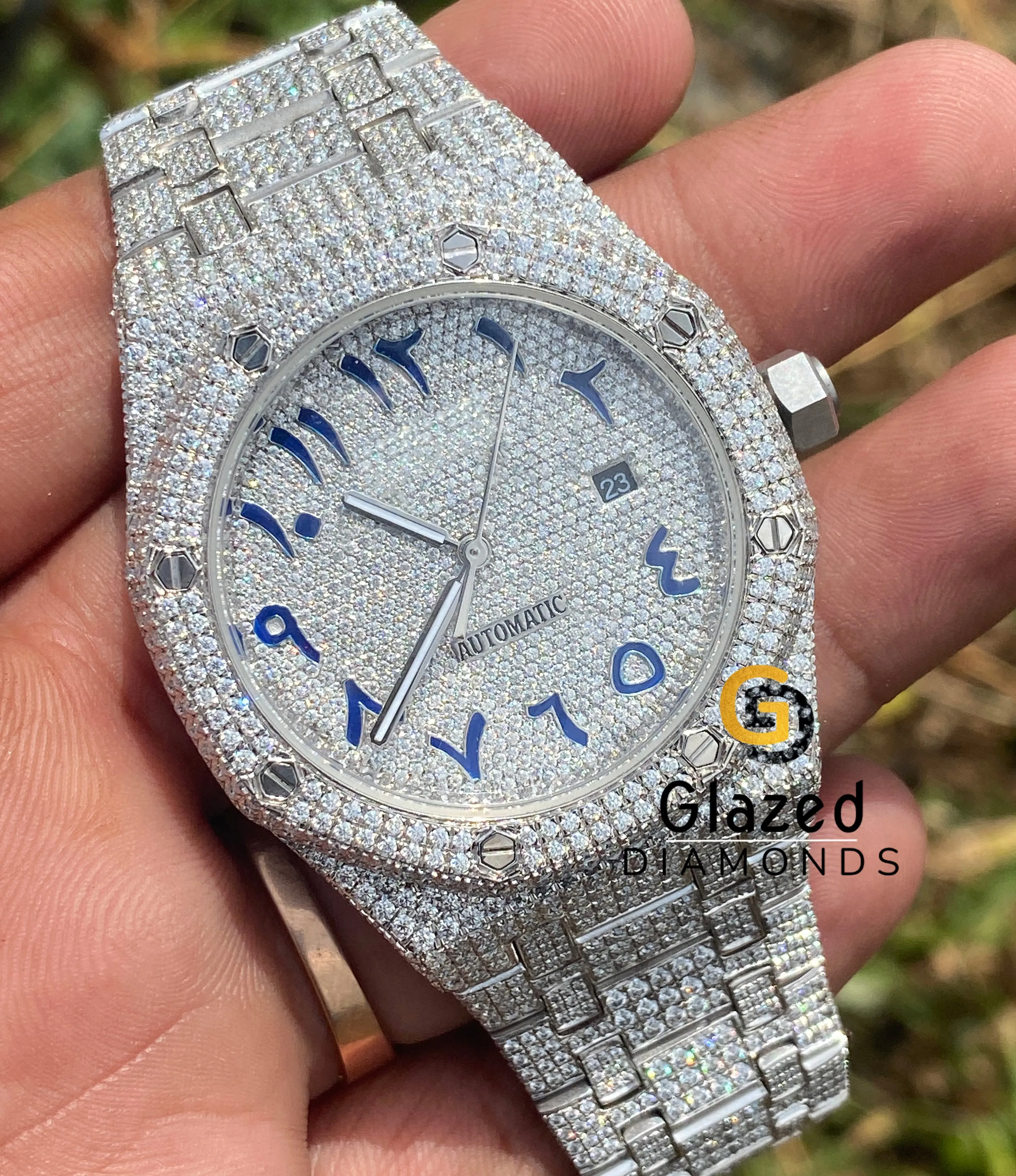 Stylishly Designed With Moissanite Round Brilliant Cut Diamonds And Stainless Steel Watch Is A Perfect Choice For The Men