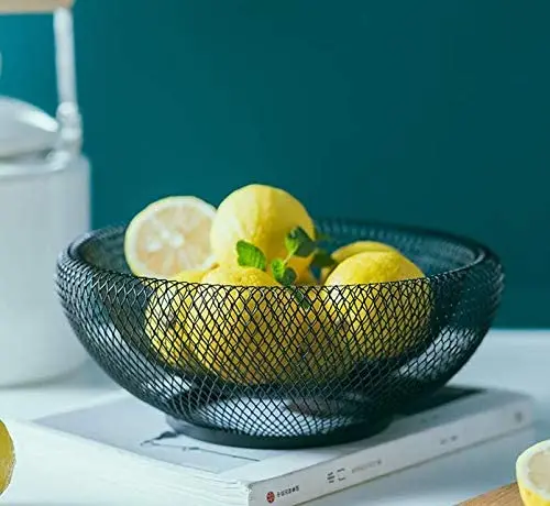 Mesh Fruit Bowl Decorative Fruit Basket Metal Candy Dish Holder Stand for Kitchen Counter Dining Room Table Office, 10 Inch (Bl