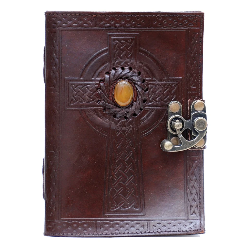 Celtic Cross With Tiger Stone Handmade Leather Journal Blank Page Sketchbook Brown Hardcover Notebook With Antique Metal Lock