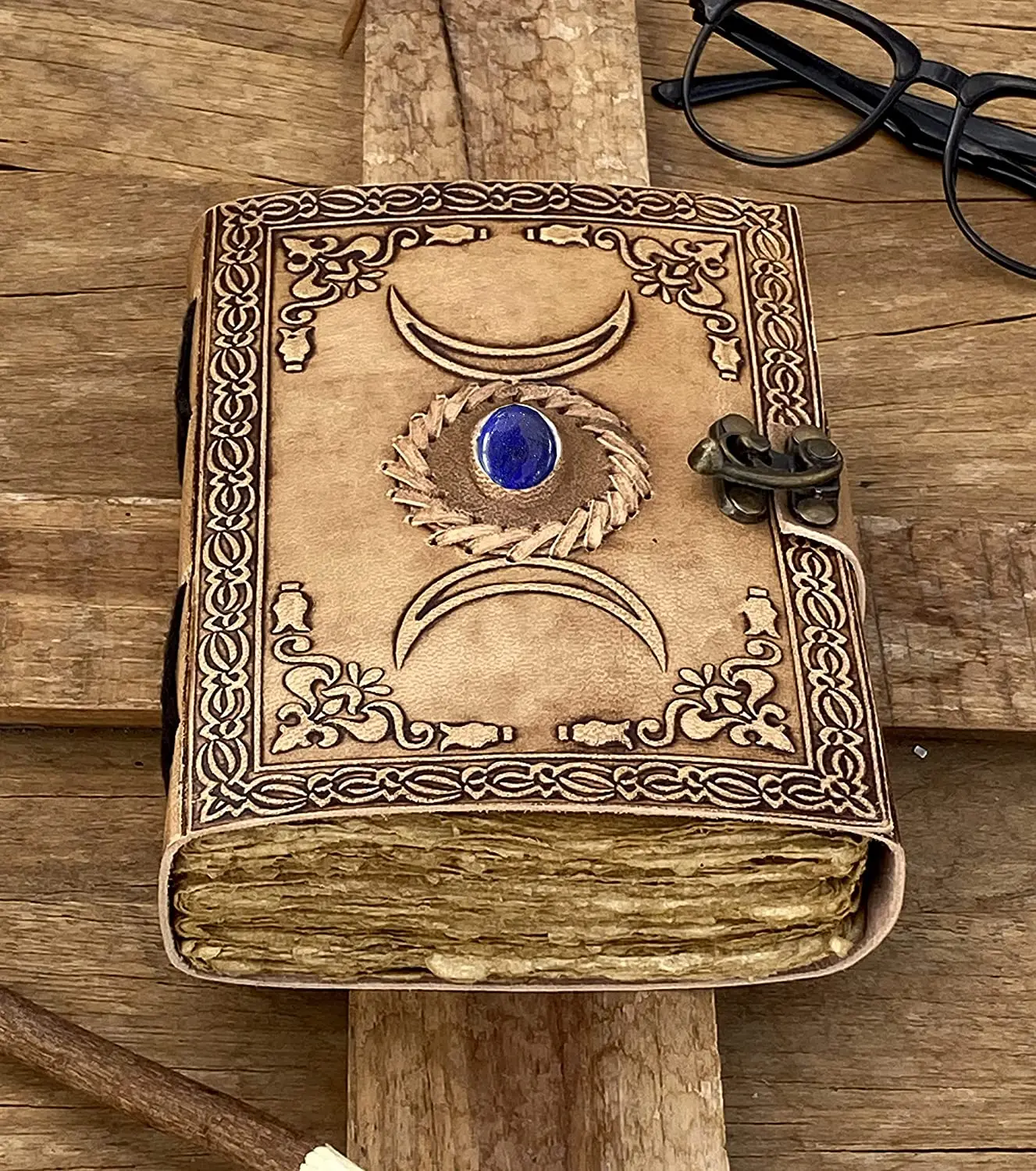 Moon Design Journal With Semi Precious Witch Stone Triple Moon Design Lock Closure 200 Antique Deckle Edge Paper