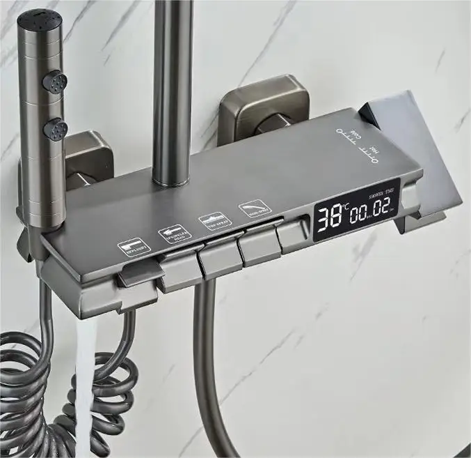 Wholesale Wall Mounted Hot & Cold Mixer Faucet Rain 4 Functions Digital Display Bathroom Shower Sets