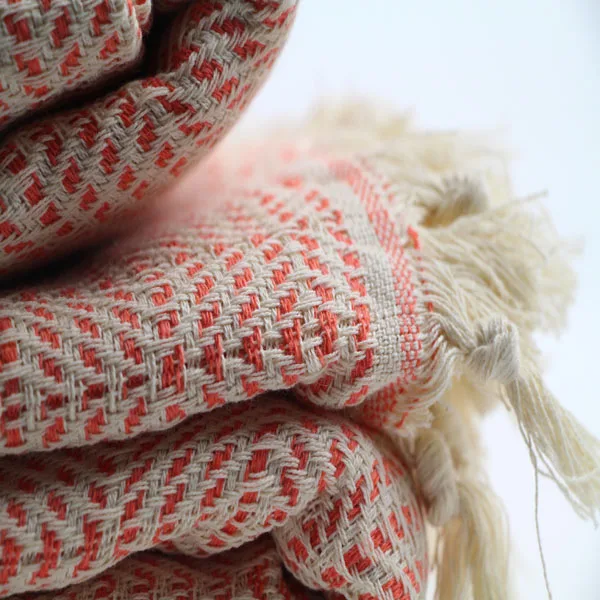 Orange Handwoven Cotton Throw Blanket Turkish Decorative Bedspread and Sofa Cover Woven Pattern for Bed and Furniture Use