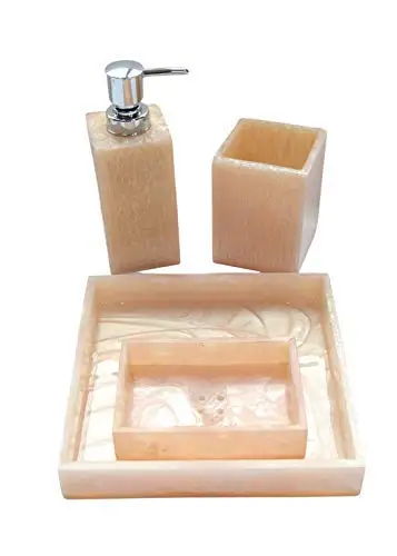 High-Quality Peach Tone Shade Design Ivory Resin Soap Holder, Dispenser, Tumbler and Tray Bathroom Accessory Set of 4 (Beige)