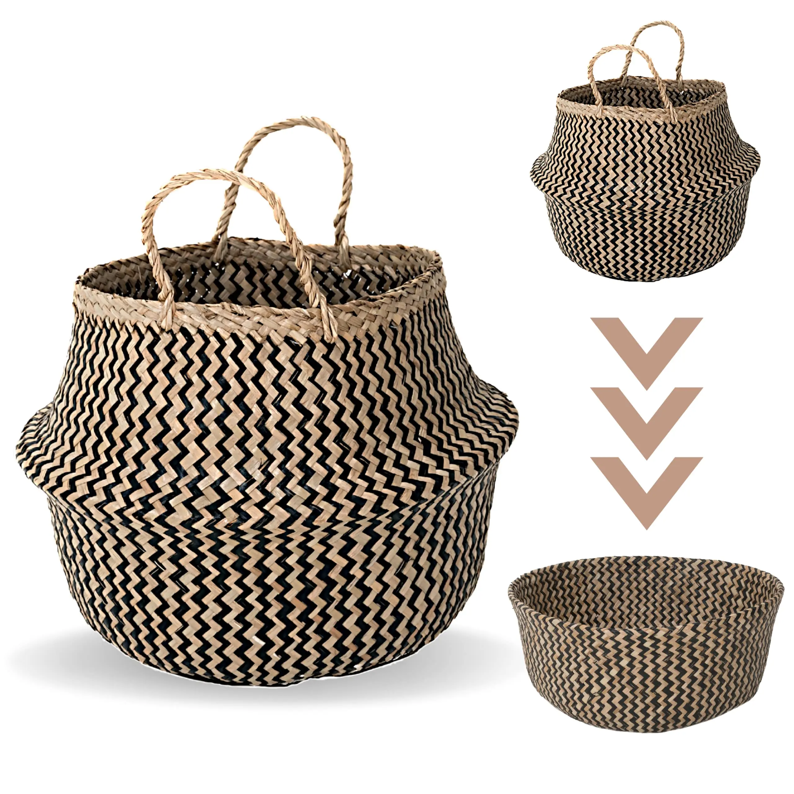 Ecofriendly hand woven seagrass storage baskets black zigzag belly foldable basket made in Vietnam