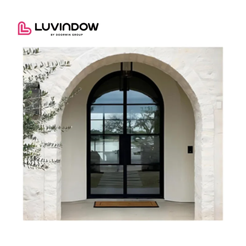 Popular Hot Selling Main Entrance Double Door High Security Wind Proof French Style Arches Exterior Iron Glass Doors