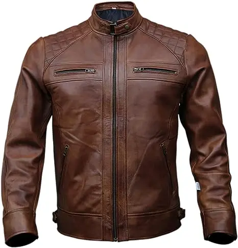Vintage Brown Distressed Lambskin Motorcycle Jackets for Mens Genuine Leather Biker Jacket Black