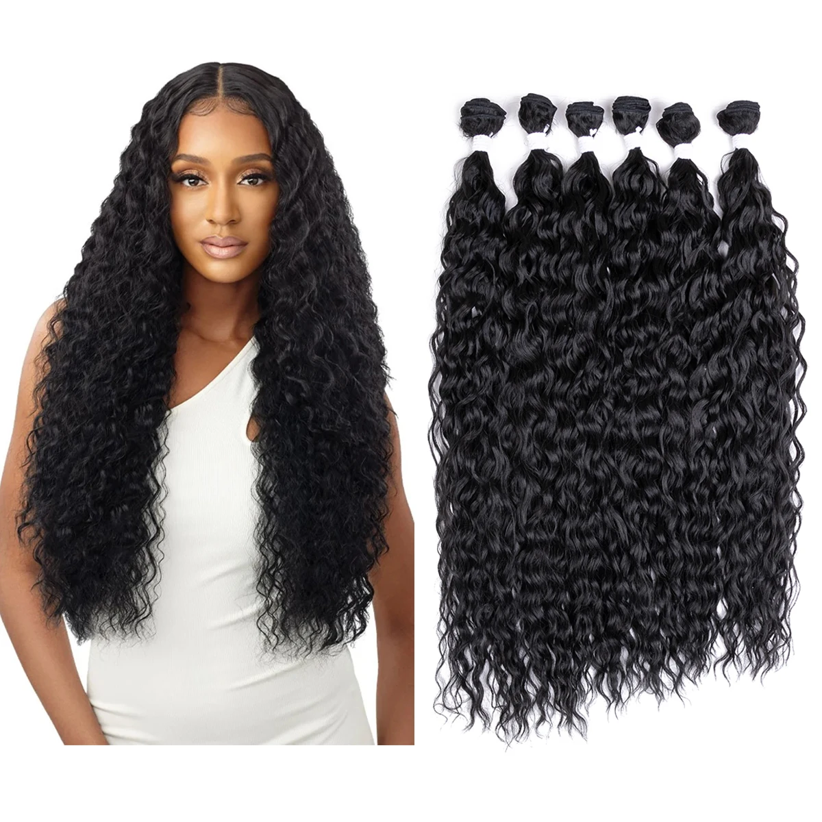 Noble Protein Fibre Organic Kinky Curl Mini Curl Water Wave Brazilian Wave Hair 6pcs 260 Gram Natural Black Hair Bundles