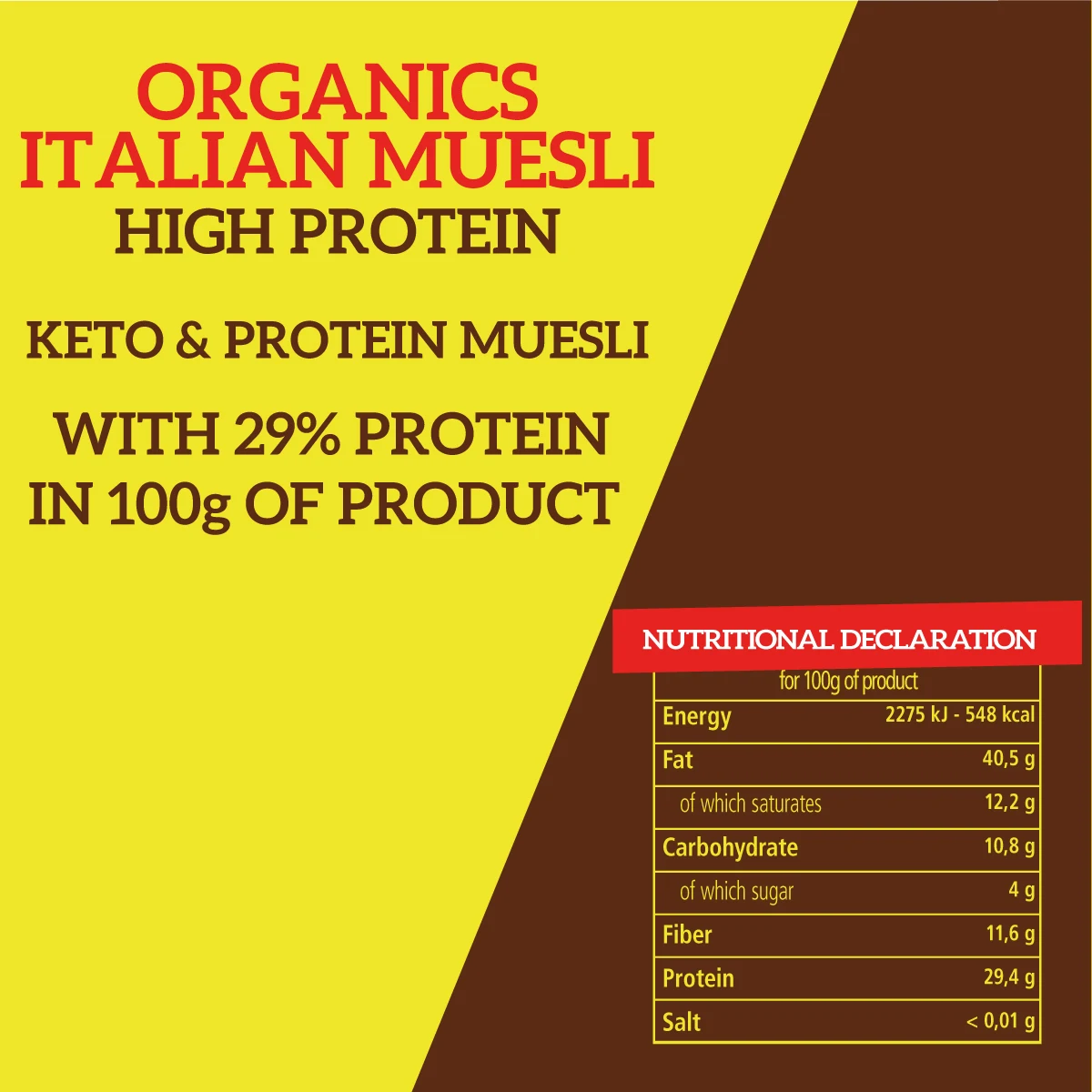 Wholesale Keto Diet Muesli Organic with Cacao Nibs Low Carb High Protein Cereals Breakfast Italian High Quality Products