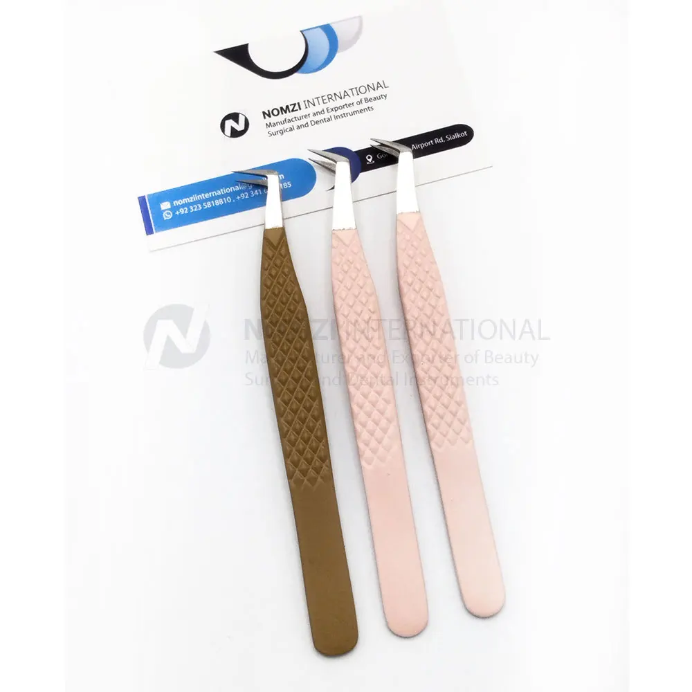 Stainless steel Private Label Brown Pink Color Stainless Steel Diamond Grip Eyelash Extension Tweezers With Custom Packing