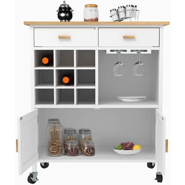 Modern Wood Top Mobile Kitchen Island, Rolling Kitchen Trolley Cart on Wheels with Wine Racks and Storage Drawer Cabinet