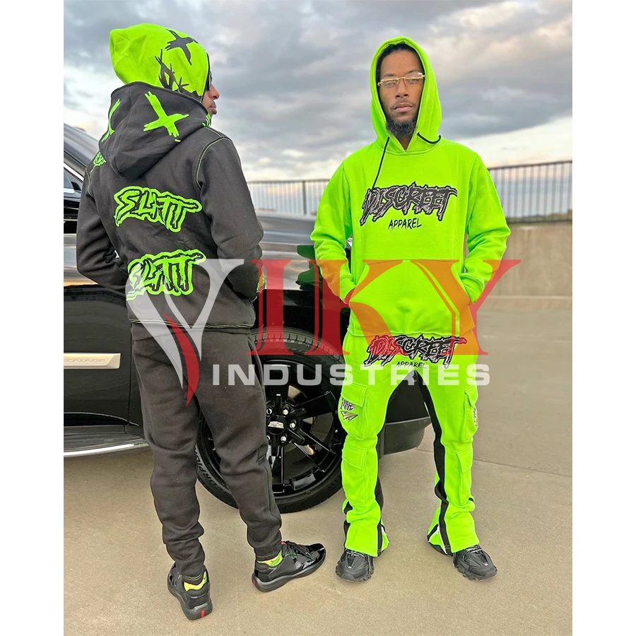 Full zip up Flare tracksuit cargo pocket Stacked pants Flared Sweatpants And Hoodie Sets Tracksuit for men custom sweat suit