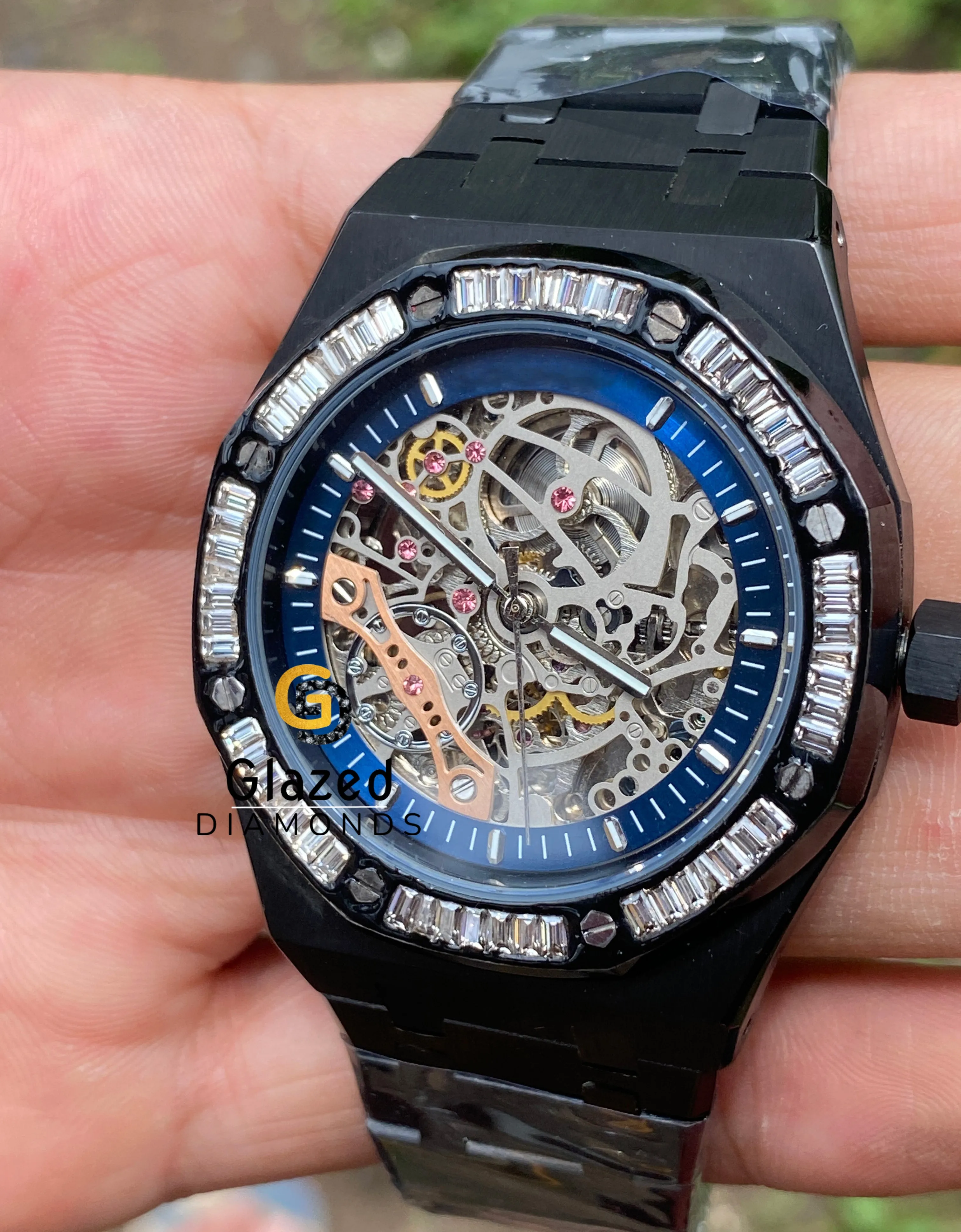 Elegant Classy Presidential Black Color Skeleton Stainless Steel Passes Diamond Tester VVS Moissanite Baguette Diamond Watch