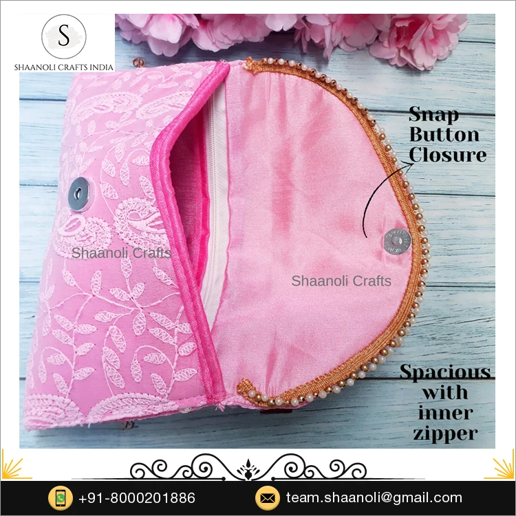 New Arrival Indian Handmade Chikankari Ethnic Envelopes Slim Wrist Handbag Zipper Snap Single Strap Mobile Case Polyester Gift