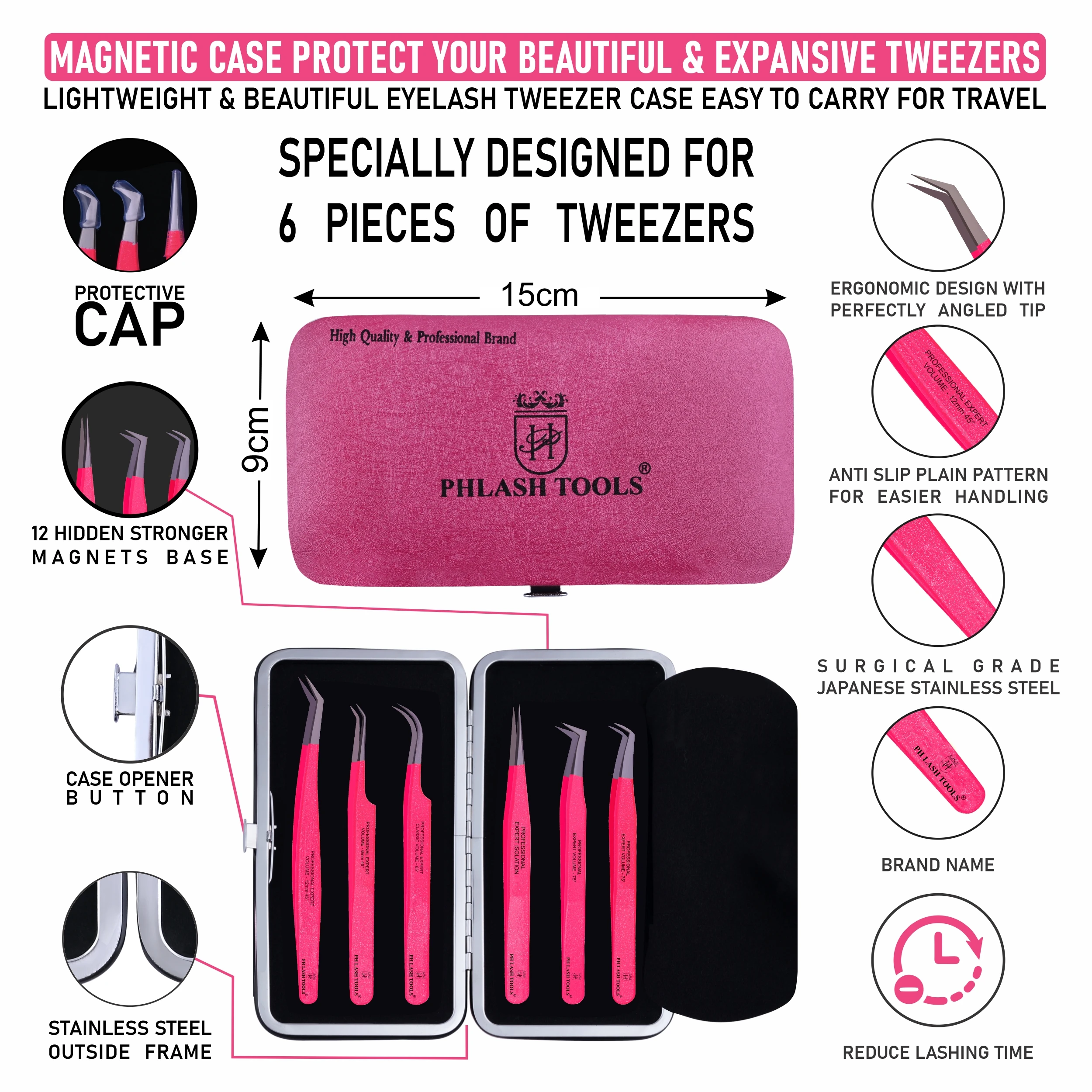 Eyelash Extension Tweezers Set of 6 Pieces Sand Blast Tip and Fluorescent Coated with Magnetic Case Private Label