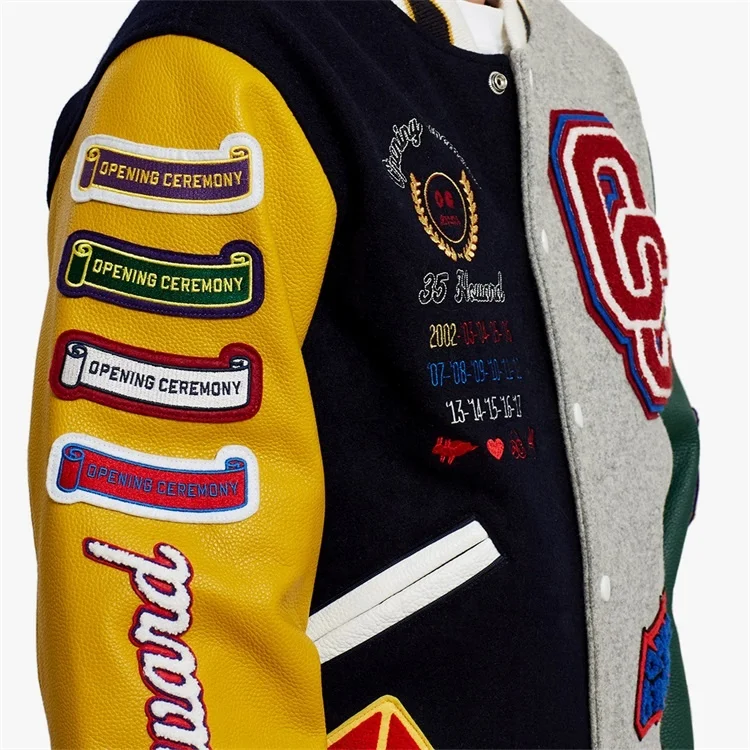 2022 OEM custom two colors mens leather sleeve patch chenille embroidery streetwear letterman varsity jacket for men