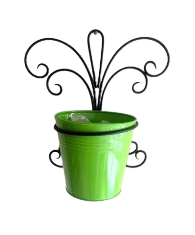 Wrought Iron Metal Hanging Planter Stand with Round Galvanized Green Bucket for Home & Living Room Wall Decor