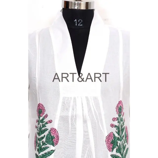 Indian Voile Cotton Hand Block Print Dress Loose Print Luxury Wear Bridal Gown Deep V-Neck Party Wear Casual Dress