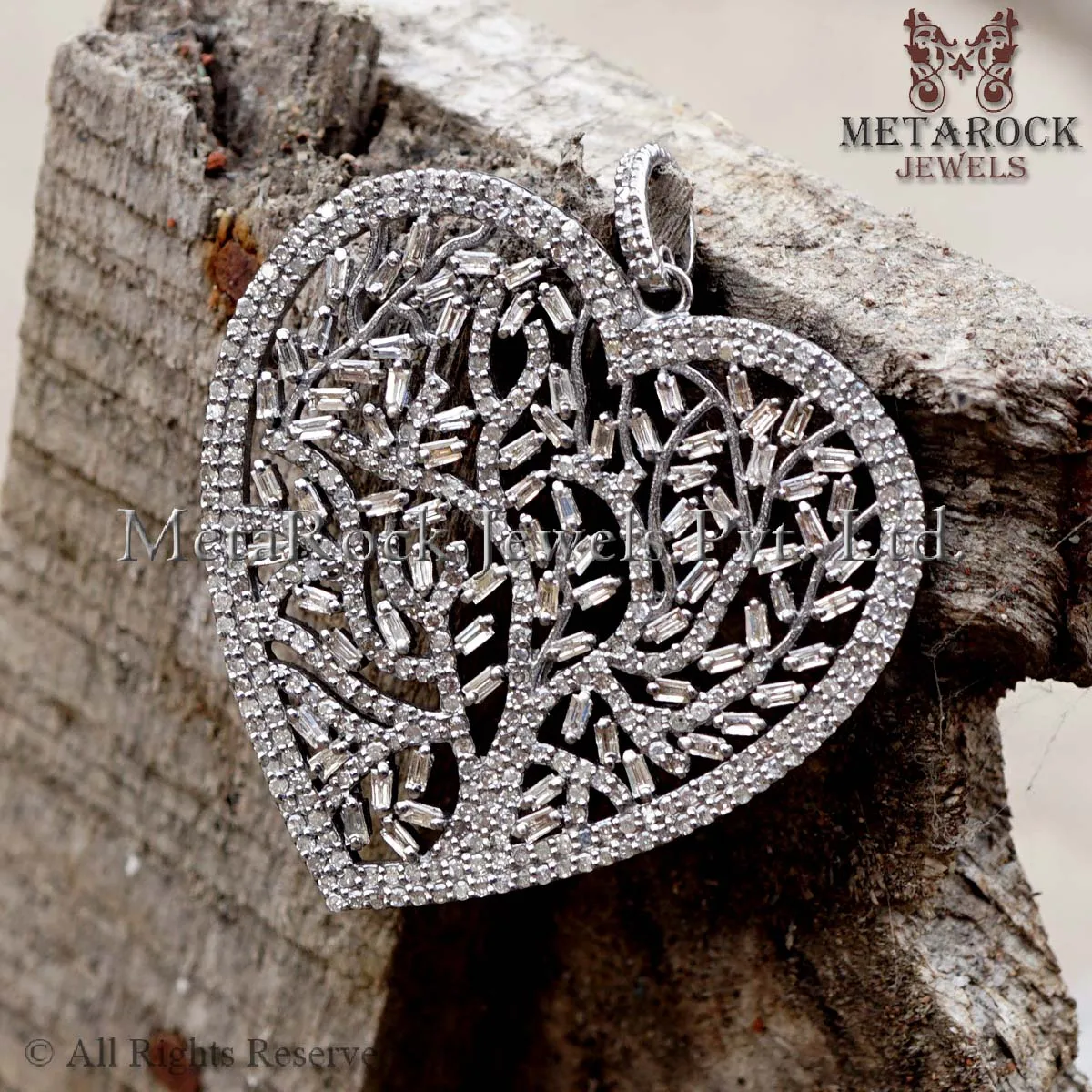 925 Sterling Silver Most Beautiful Tree Of Life Baguette Pave Diamond Luxury Heart Pendant