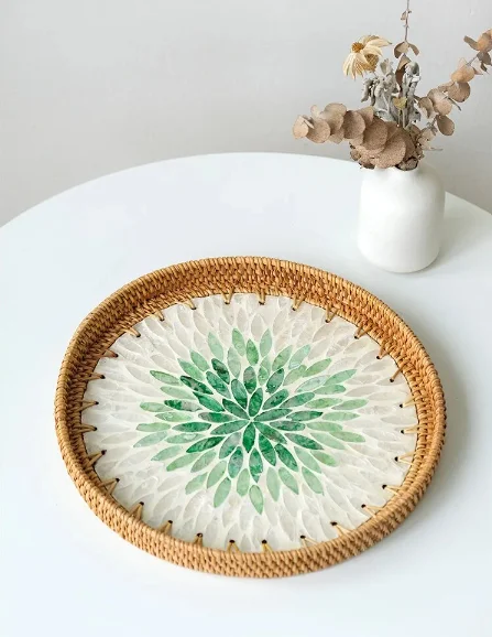 Good Quality Product Mother of Pearl and Rattan Serving Tray for Home Hotel Restaurant at Wholesale Price from India