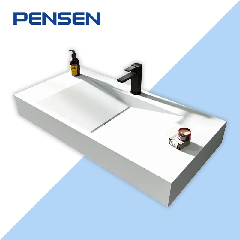 Pensen Factory Manufacture Pure Acrylic Solid Surface Wash Basin Artificial Stone Bastroom Sink Wall-hung Sinks