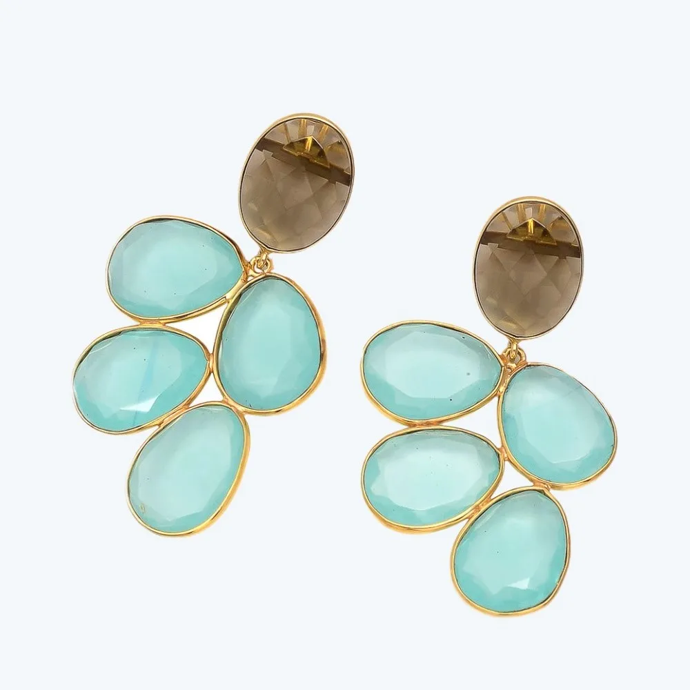 Aqua Chalcedony Gemstone  earrings Gold Plated Oval Shape Dangling Earring pairs Unique Jewelry