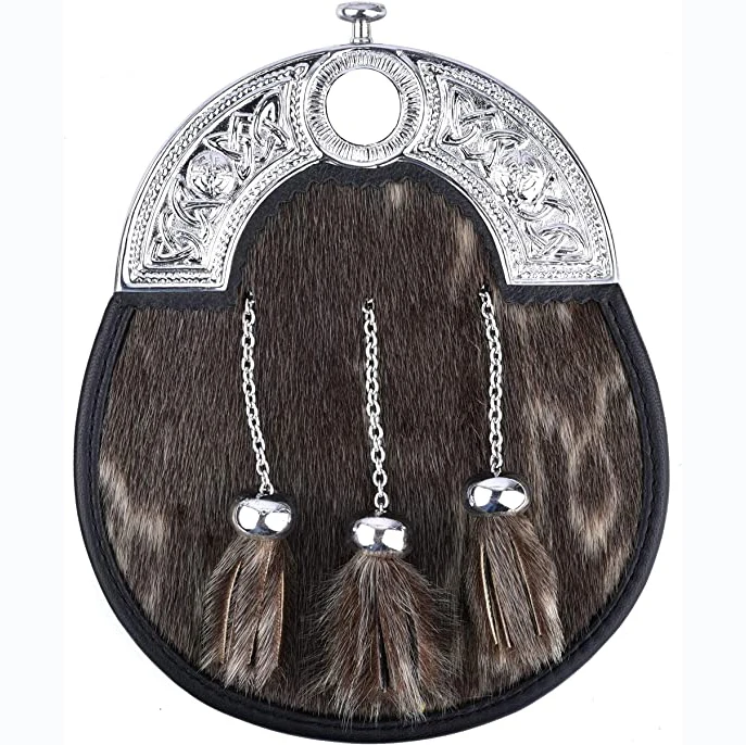 Black Genuine Leather Sporran Celtics Knot Double Embossed Scottish Kilt Sporran W-chain And Belt