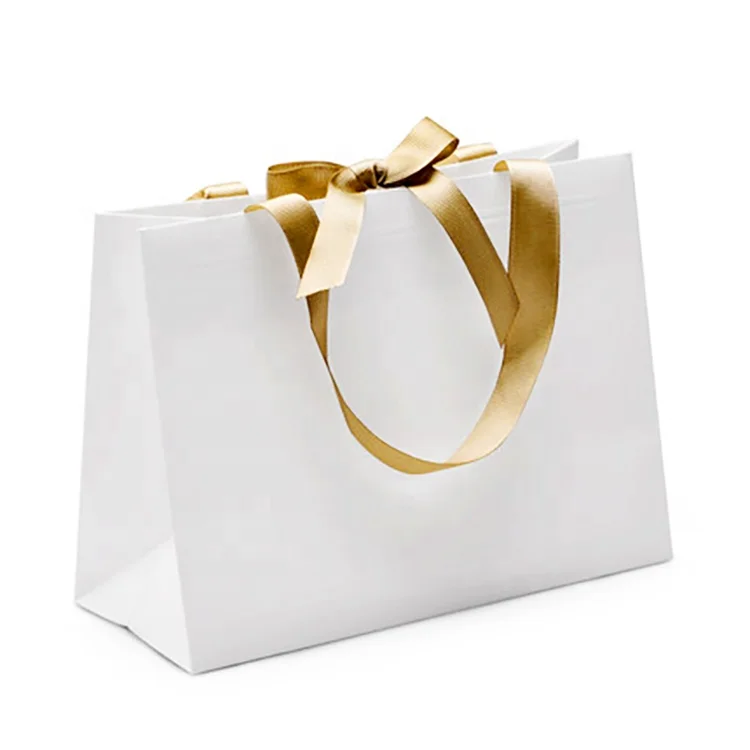 Luxury Small White Jewelry Gift Bag with Ribbon Handle Personalized Design Shopping Clothing Paper Bag for Cosmetics Packaging