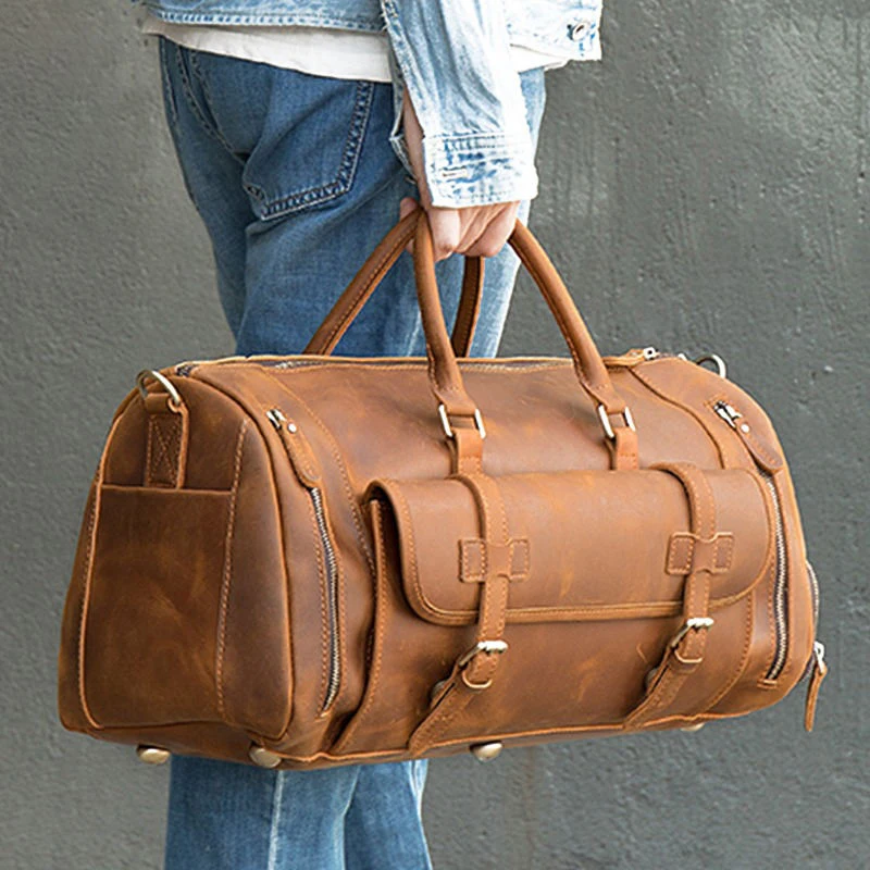 Custom Genuine Leather Camping Hiking Duffel Bag | Multi Functional Genuine Leather Duffel Bags with Shoes Case Zippered