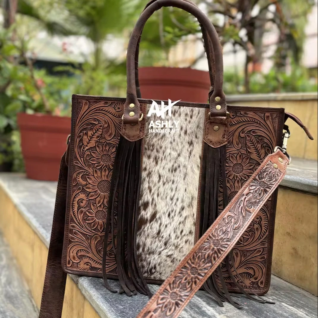 Genuine Cow Hide Leather Purse Large Shoulder Women Handbag with Zipper Closure Cow Hair on Tote Bag Messenger Bag Handbag Bag