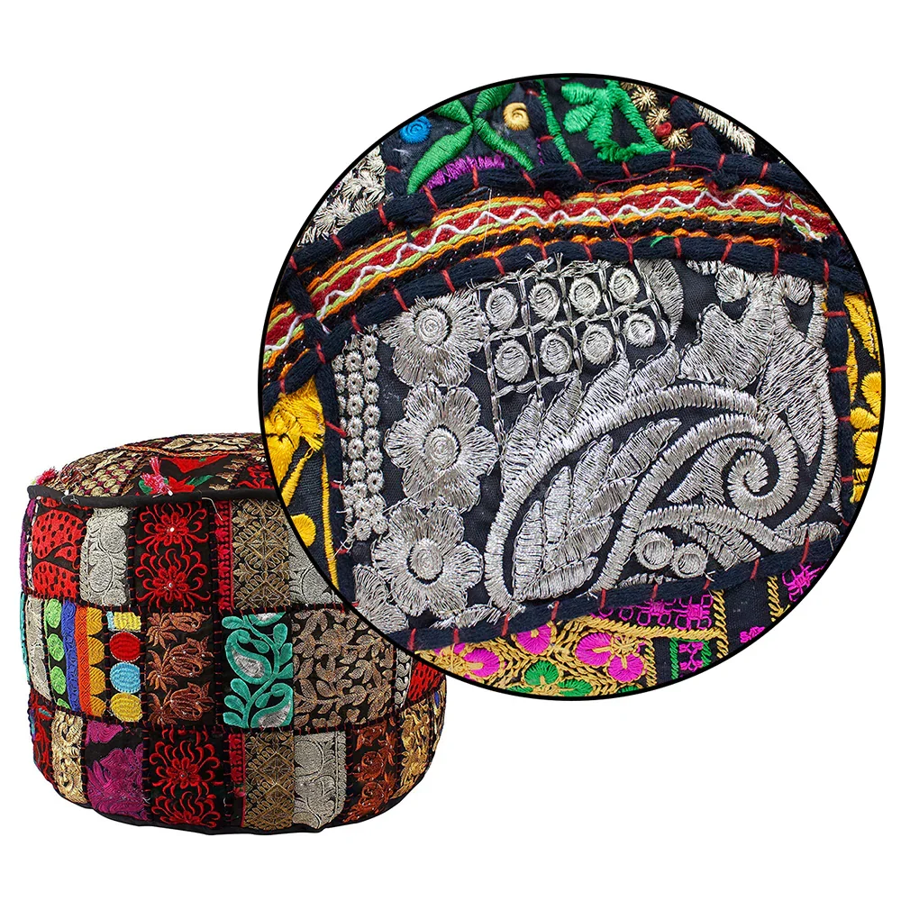Indian Style Premium Embroidery Pouf Ottoman with Ethnic Decor Art Available for Worldwide Export from India