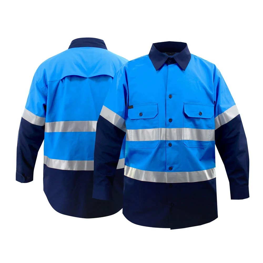 Custom Blue Hi Vis Safety Men Shirt Reflective Road Safety Mining Shirts Work Wear Clothing BY Fugenic Industries