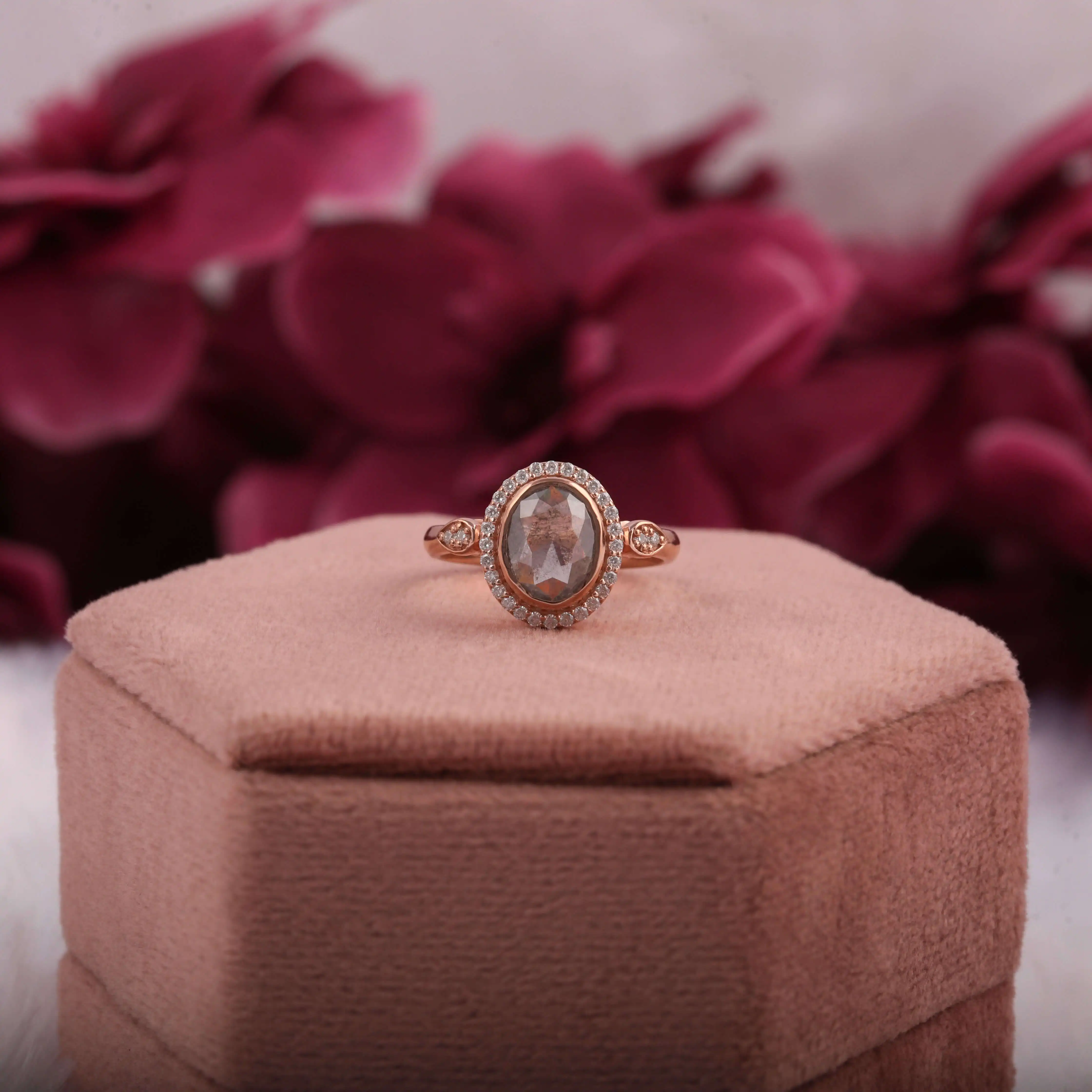 Natural Salt And Pepper Diamond Oval Rose Cut Ring, Halo Diamond Rose Gold Anniversary Gift Ring For Her IN 14KT SOLID GOLD