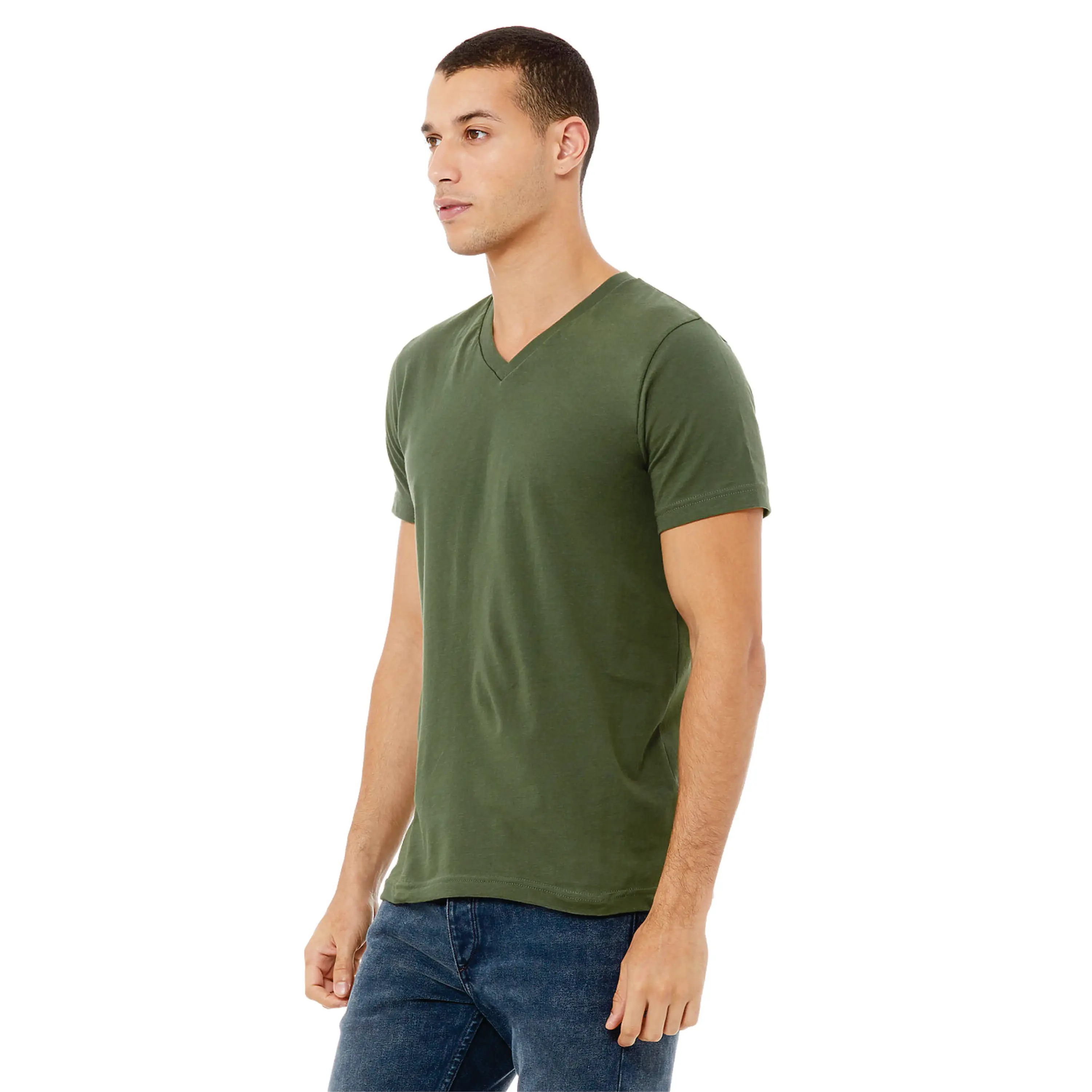 Unisex V-Neck Jersey T-Shirt - Military Green, 100% Airlume Cotton, 4.2 oz