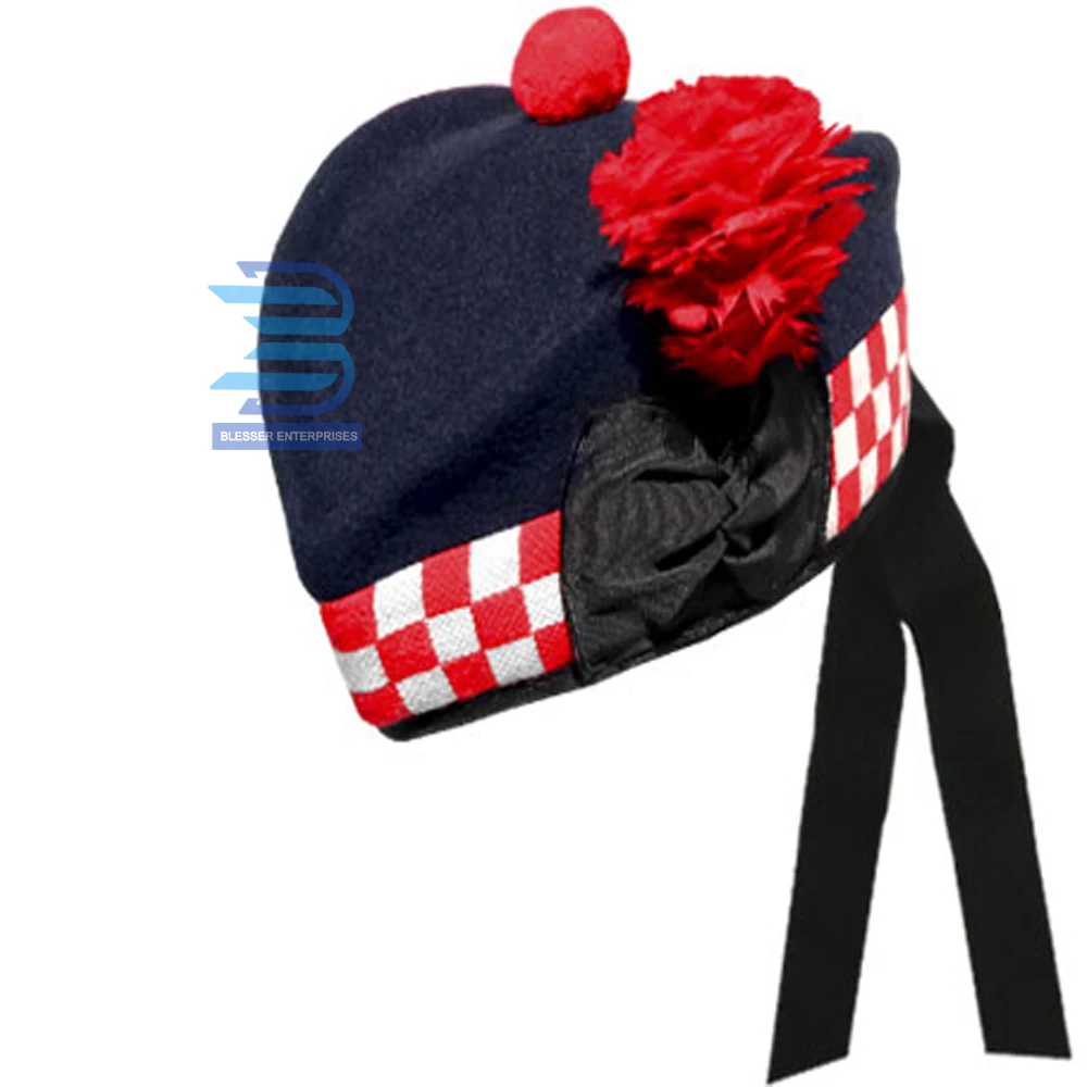 Highland Black Glengarry Hat Scottish Kilt Hat with White Dice traditional Comfortable PAKISTAN Scottish Hat
