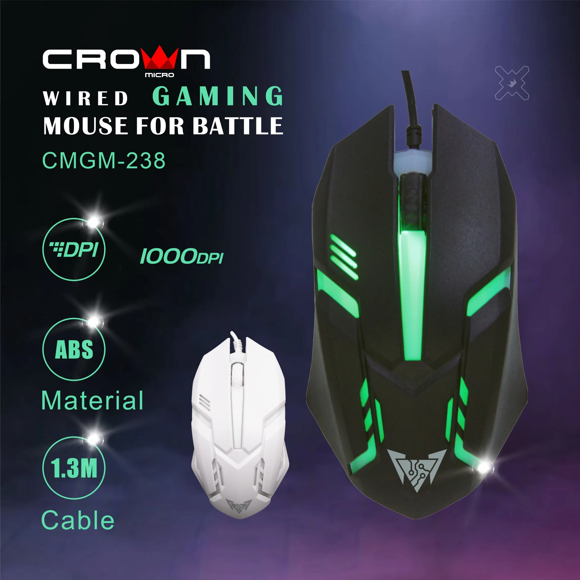 Crown Micro Wholesale  rgb cheap  gaming mouse  cost effective high quality hot sale black and withe mouse CMM-238