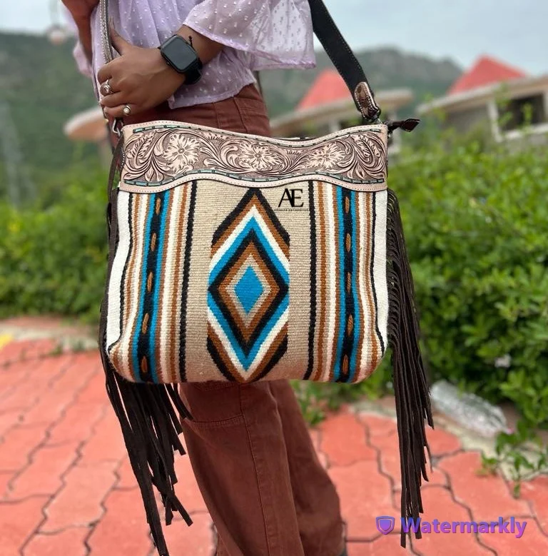 New Hand Tooled Leather Saddle Blanket Feather Purse For Women Cowgirl Western Conceal Carry Bag Large Tote With Crossbody Strap