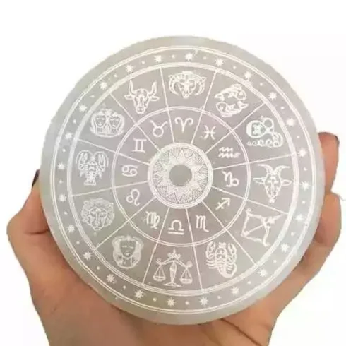 Wholesale Selenite charging plate with zodiac wheel horoscope selenite cleansing disc and crystal grid crystals healing stone