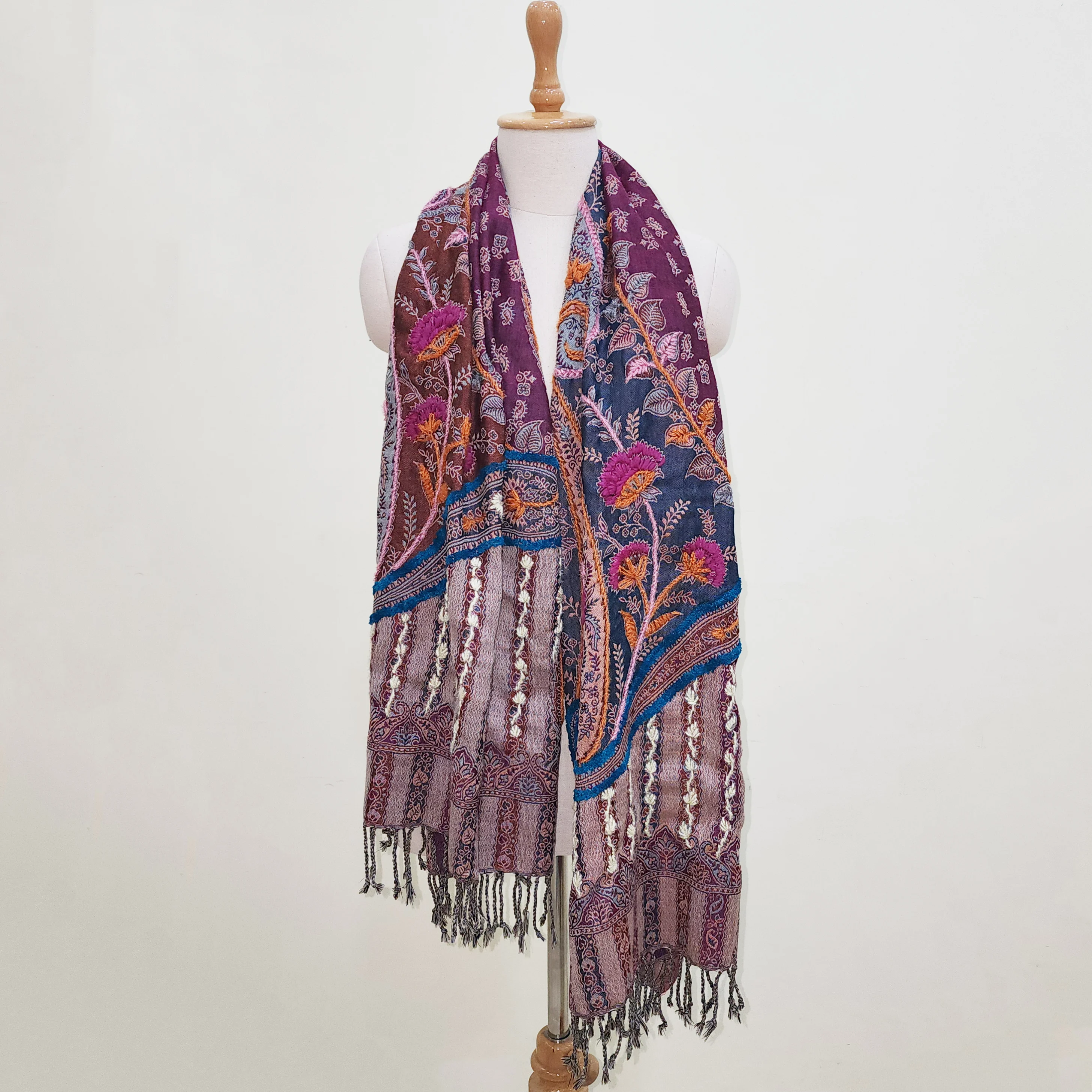 Hand Made Fringe Wool Scarf Hand embroidery pattern winter wear Thick Soft wool scarf for women handcrafted Winter wear scarves