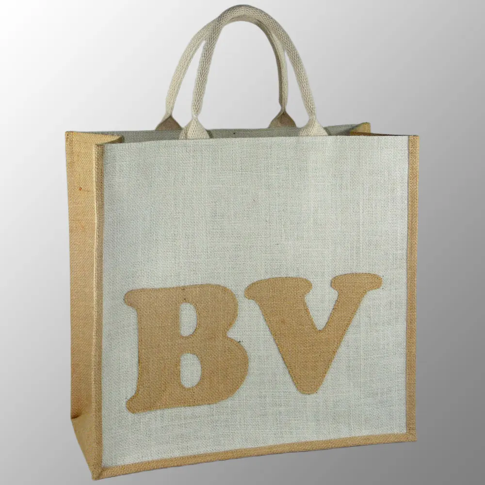 custom designed jute shopping bag with applique work and cotton web handles padded with rope inside Jute gift promotion bags