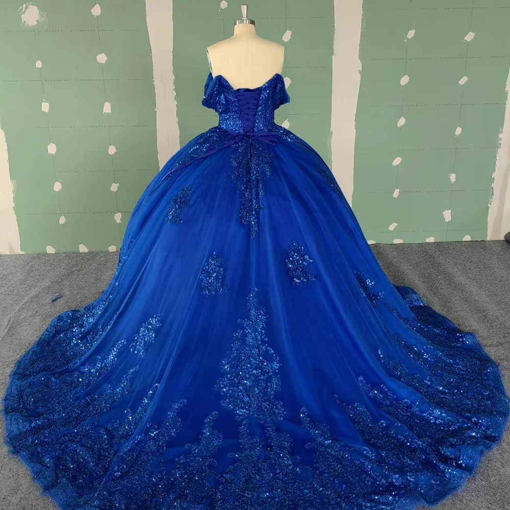Jancember WC019 Diamond Navy Blue Lace Embroidery Puffy Quinceanera Dresses