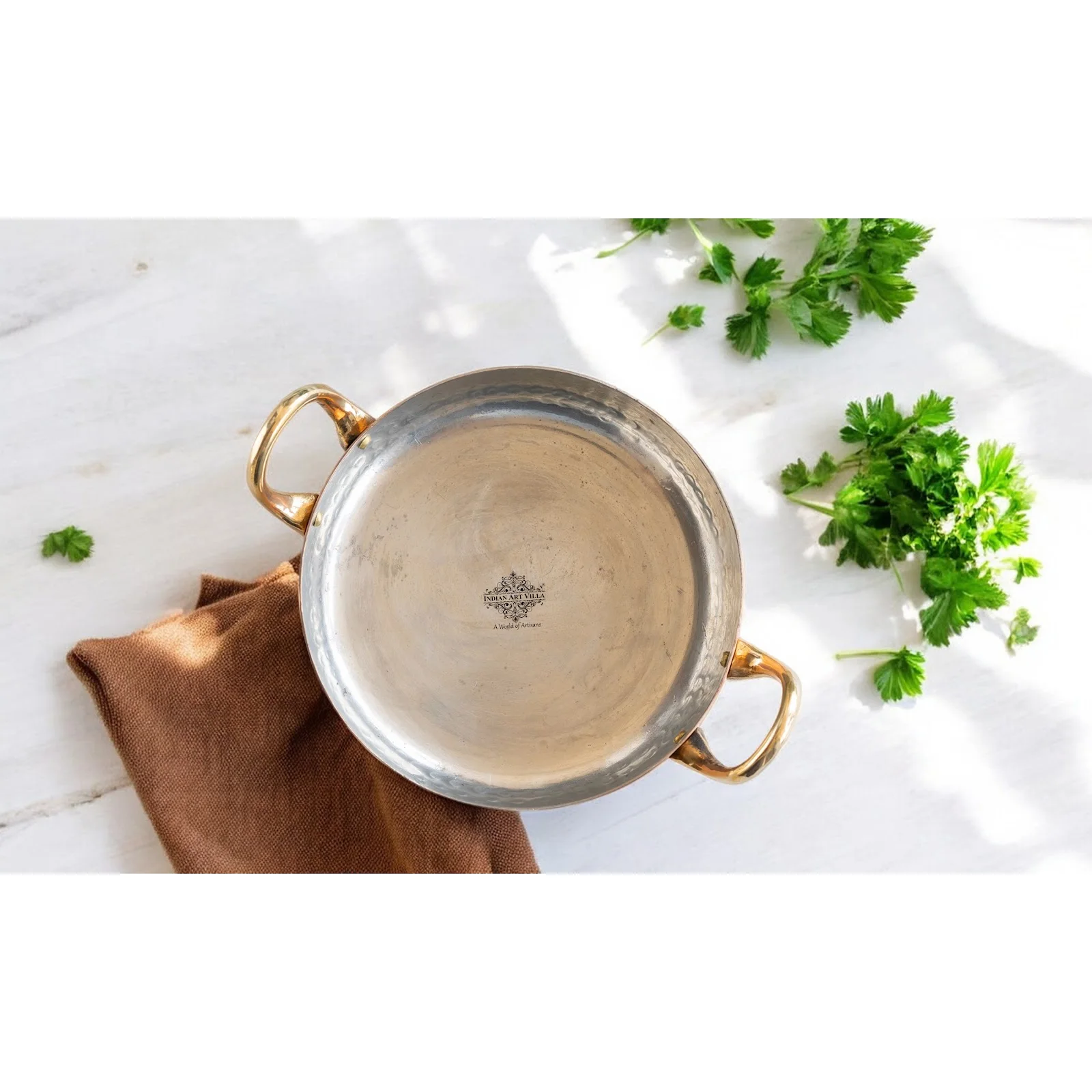 IndianArtVilla Copper Round Dish Double Brass Handle Pan With Tin Lining, 4.4 Inch for Cooking and Serving