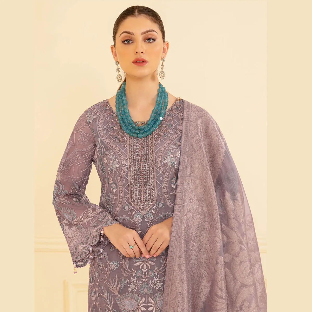Wholesale Indian Pakistani wedding dresses online In Grey Color Over Heavy Embroidery In Front and Dupatta in Chiffon Fabric