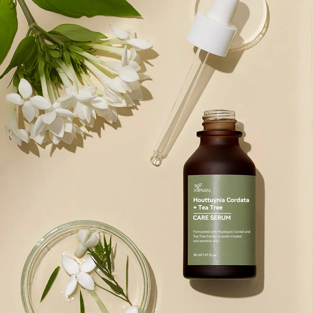Custom Logo Houttuynia Cordata Serum For Face Deep Soothing with Tea Tree Calming Acne Treatment Facial Serum Essence