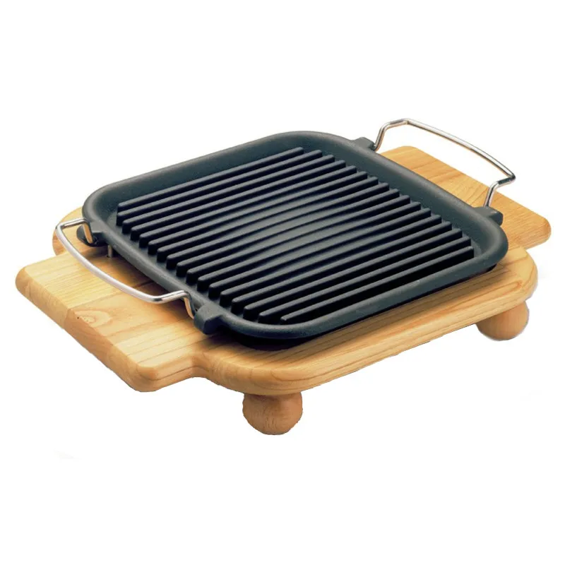 Best italian quality Square grill pan with wooden tray - Enamelled cast-iron cm 25x25 for meat and barbecue