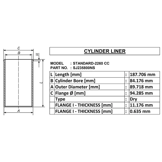 standard-2260 cc for Dry cylinder liner oe sj235800ns id 84.176 od 89.718 length 187.706 made in india