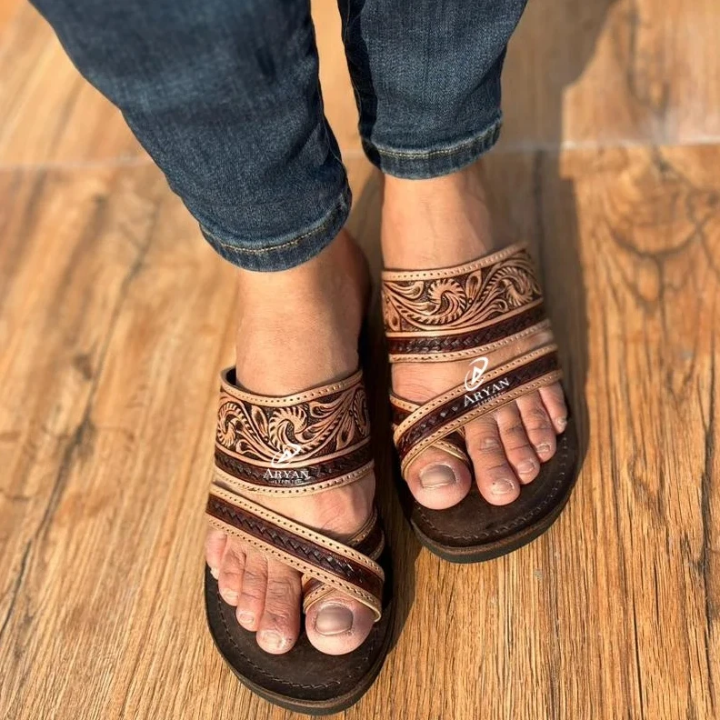 Real Handmade Genuine Women Western Stylish Tooled Leather Casual Outdoor Flipflop Flat Flower Footwear Open Brown Toe Sandals