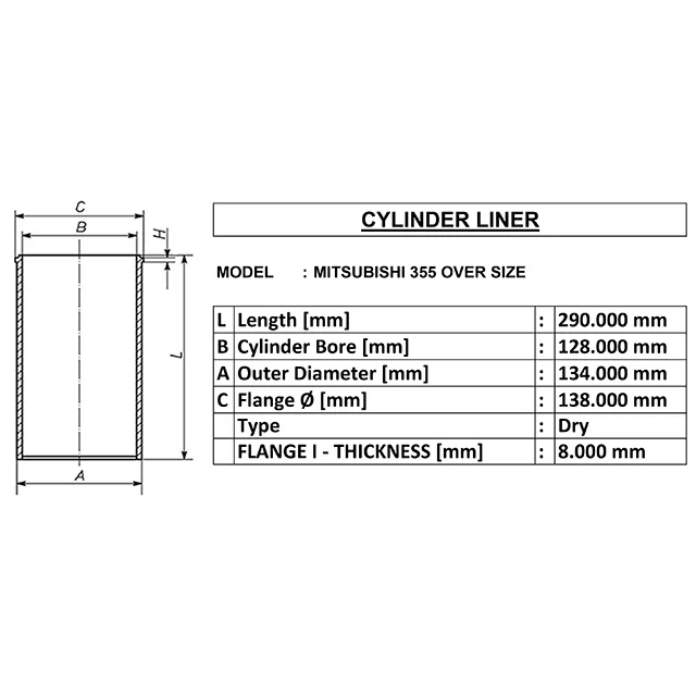 mitsubishi 355 over size for Dry cylinder liner id 128 od 134 length 290 made in india